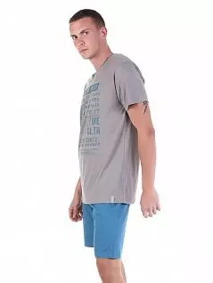 Хлопковая пижама из футболки с надписью и однотонных шорт серо-голубого цвета Tom Tailor RT71056/5609